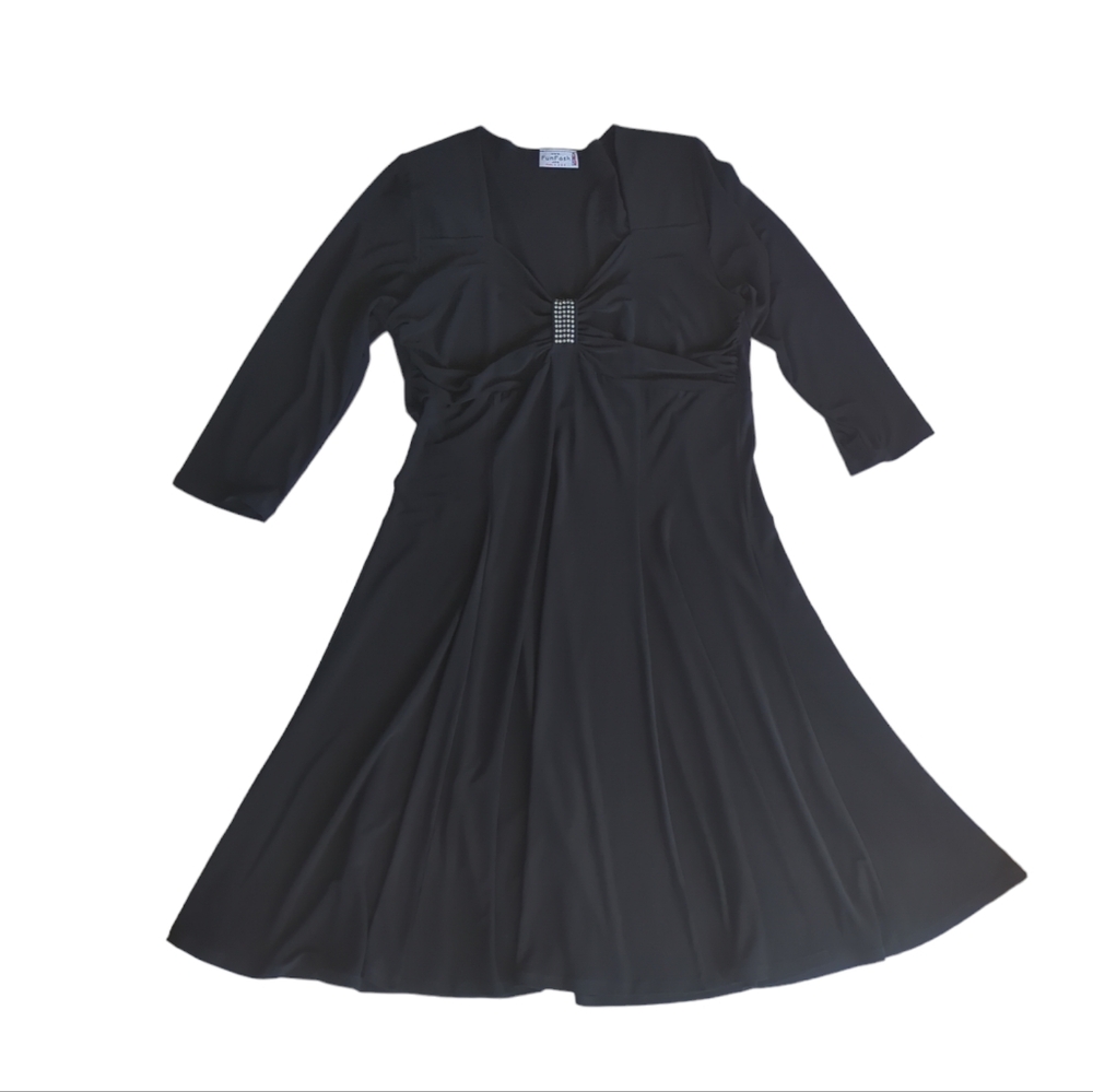 FunFash Empire Waist A-Line Midi Dress XL Black Faux Rhinestone Bling